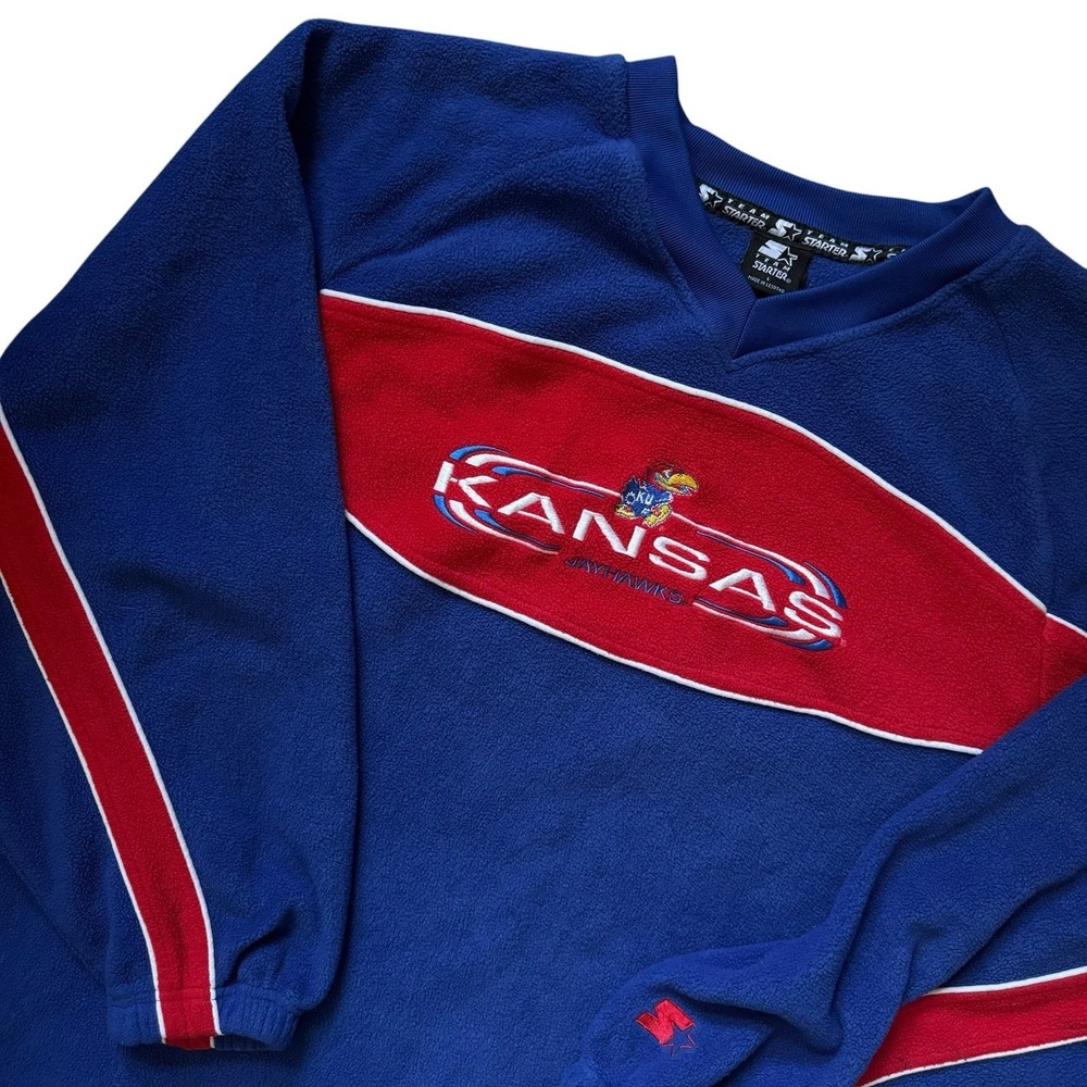 VTG Y2K Kansas Jayhawks Starter Fleece V Neck Men's Size Large Embroidered